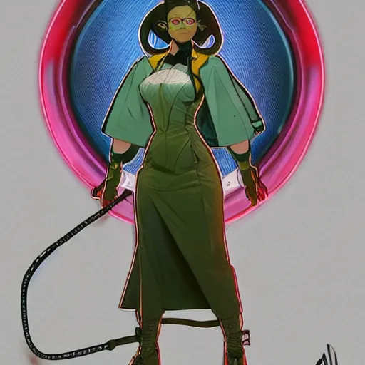 Image similar to a full body character design by artgerm, cushart krenz, greg rutkowski and alphonse mucha. cute african mad scientist neon woman lab coat!! green plasma!!, goggles visor!! bold outline sharp edges. ultra clear detailed. 8 k. ultra detailed, elegant, intricate, octane render. felt!!! texture