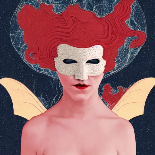 Image similar to A delightful Portrait of a mask Succubus in a ghost direful environment by Coles Phillips, trending on Unsplash.:5, HD, 8k resolution, Skybox, Voronoi Minkowski, Terrain rendering, in the Style of Algorithmic Art, DoF:2, Rubine red color scheme, blur, bokeh, dof:-1