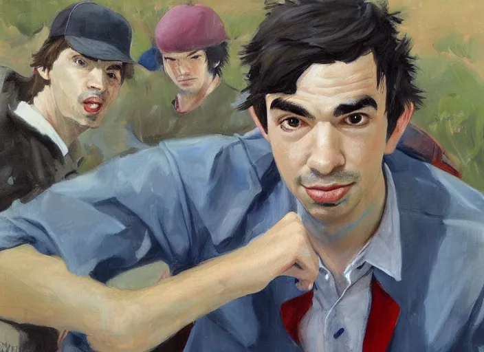 Image similar to a highly detailed beautiful portrait of nathan fielder as ash ketchum, by gregory manchess, james gurney, james jean