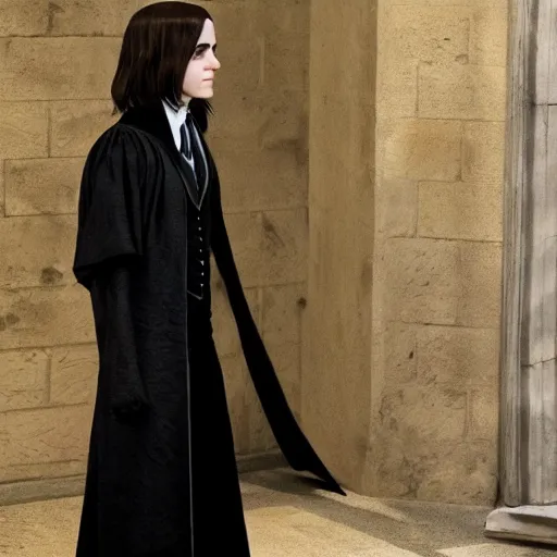 Image similar to Emma Watson as Professor Severus Snape, full body shot