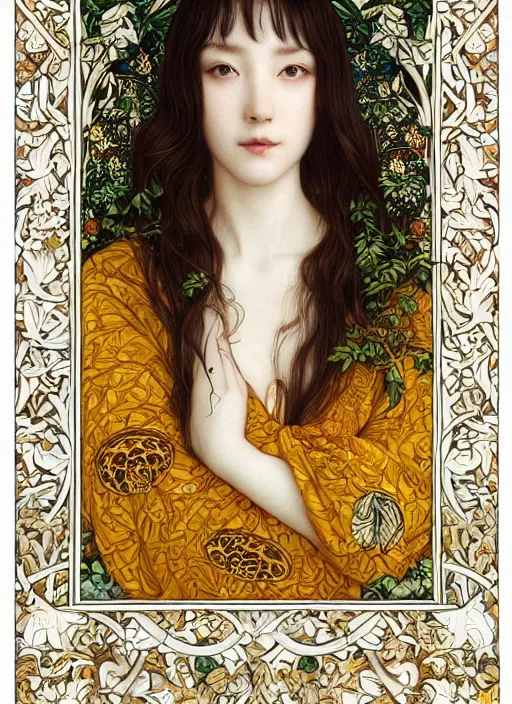 Image similar to masterpiece beautiful seductive flowing curves preraphaelite face portrait photography, miho hirano, extreme close up shot, straight bangs, thick set features, yellow ochre ornate medieval dress, amongst foliage mushroom forest circle arch, william morris and kilian eng and mucha, framed, 4 k