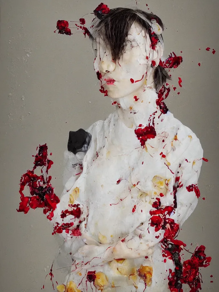 Image similar to “art in an Australian artist’s apartment, portrait of a Japanese woman wearing loose-fitting white cotton cloth, stained with fresh berries and maple syrup, white wax, edible flowers, acrylic and spray paint and oilstick on canvas”
