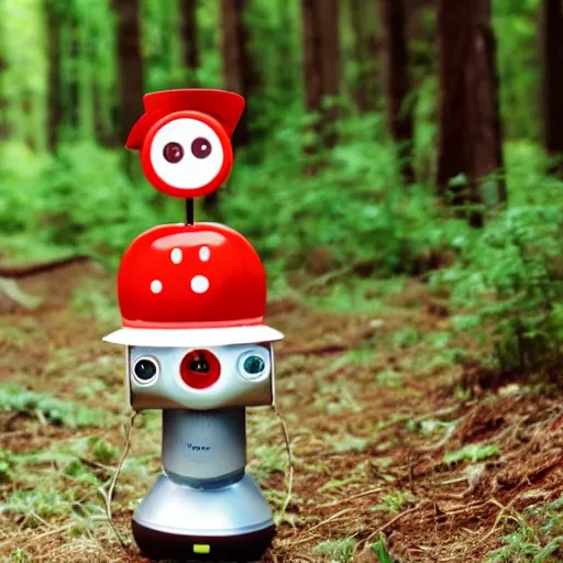 Image similar to cute smiling robot with tomato hat, trekking in a forest, pixar style