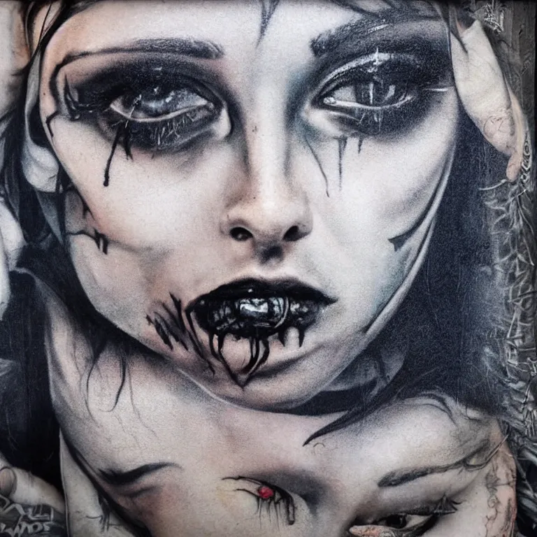Prompt: Street-art portrait of The Girl with the Dragon Tattoo in style of Etm Cru, photorealism