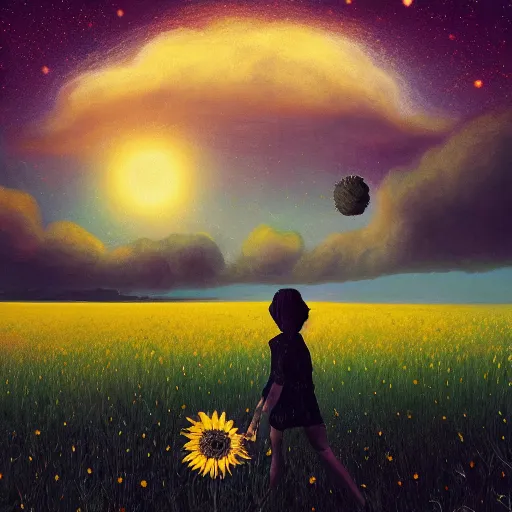 Image similar to giant black daisy flower as a head, girl walking in wheat field, hills, surreal photography, dark night, star trails, dramatic light, impressionist painting, clouds, digital painting, artstation, simon stalenhag