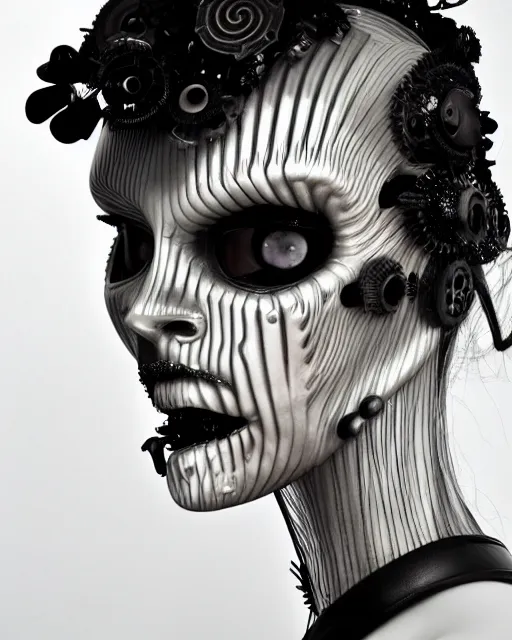 Image similar to black and white dreamy foggy smoky profile face portrait, one silver steampunk realistic eye biomechanical beautiful young female cyclope - cyborg - robot bust, body ribs meshes,, volumetric light, hibiscus flowers, by hg giger man ray, rim light, big gothic fashion pearl embroidered collar, 8 k