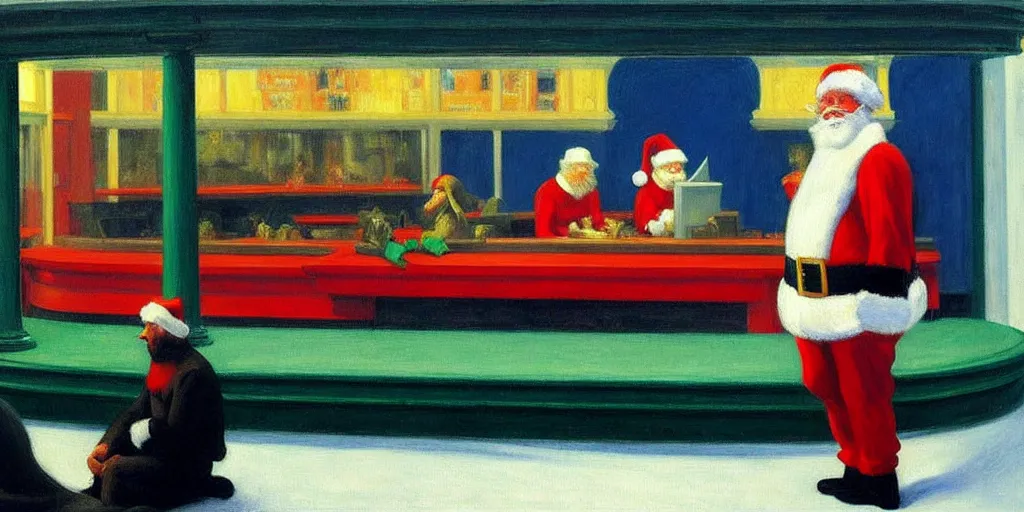 Image similar to santa claus in the painting nighthawks by edward hopper with