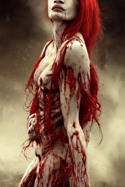 Prompt: woman skeleton covered with blood, jessica chastain face!!!, long red hair, ultra realistic, concept art, intricate details, highly detailed, 4 5 mm. photorealistic, octane render, 8 k, unreal engine. retro film still, heavy grain, 3 5 mm, art by artgerm and greg rutkowski and alphonse mucha