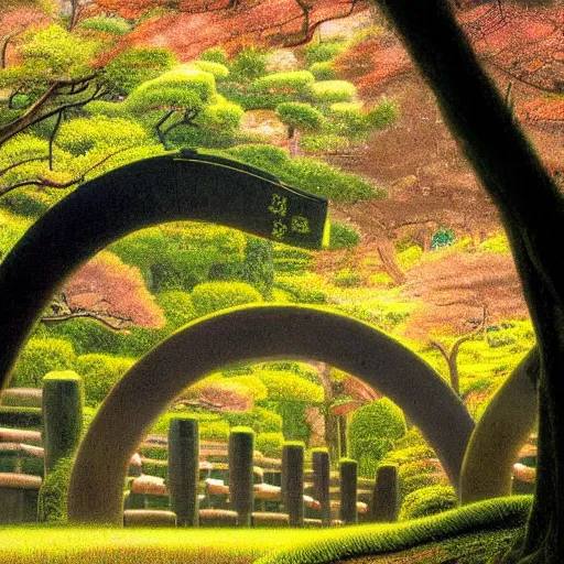 Prompt: a japanese landscape filled with torii arches, dawn, by adriane tomine