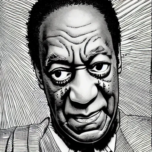 Image similar to bill cosby, in the style of manga, black and white, detailed, serious, epic