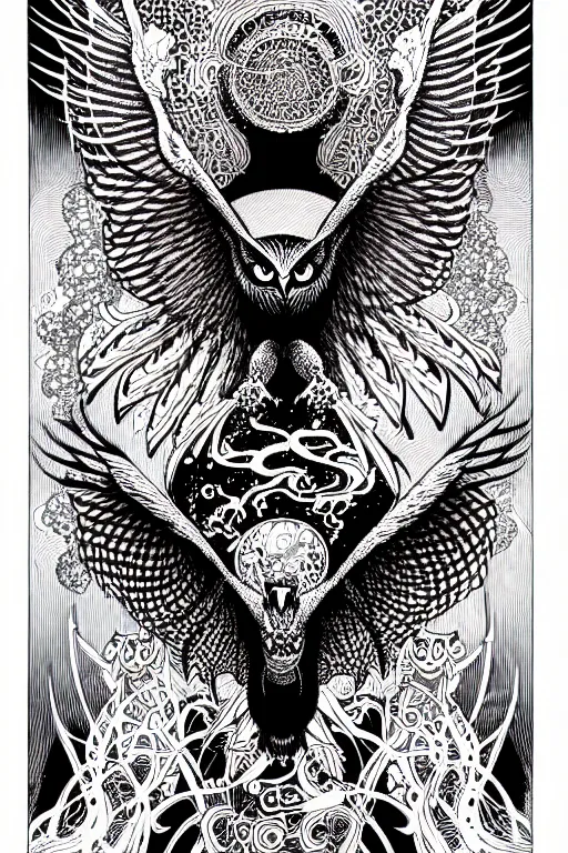 Image similar to illustration of a fire breathing owl in a suit, intricate linework, in the style of moebius, ayami kojima, 1 9 9 0's anime, retro fantasy