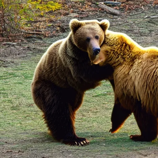Prompt: a brown bear and a yellow chicklet, both friends, happily chatting during the night