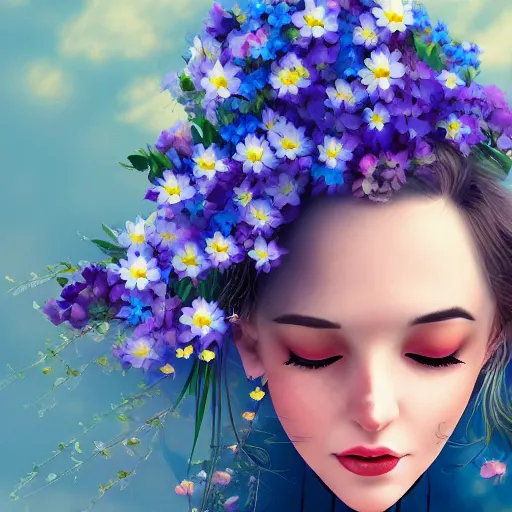 Prompt: a photography of a dreaming woman with flowers grow out of hair, roses peonies forget-me-nots dahlias lupins gladioli, sky theme in background, Digital Art, Trending on artstation