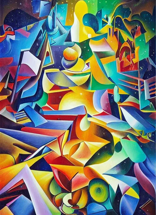 Prompt: an extremely high quality hd detailed ultra-realistic photorealistic surrealism painting of neon cast glass cubism figures melting into a warm picasso galaxy landscape by dali and zaha hadid, vivid colors, complimentary colors, melting sun, melting 4d cubes, hallway landscape, 8k, hd, high quality, high contrast