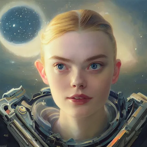 Prompt: sargent and leyendecker and peter paul rubens, head and shoulders portrait of a elle fanning in space, stephen bliss, unreal engine, fantasy art by greg rutkowski, loish, rhads, ferdinand knab, makoto shinkai, ilya kuvshinov, rossdraws, global illumination, radiant light, detailed and intricate environment