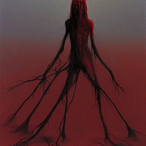 Image similar to an nondescript human, wrapped in thorns, in a desolate, charred desert, dark red, HDR, painted by zdzislaw beksinski