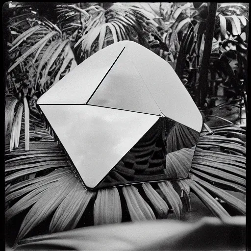 Image similar to grainy Polaroid film photograph of a highly reflective chrome octahedron in a tropical greenhouse. super resolution. surreal. Extremely detailed. Polaroid 600 film. by Annie Leibovitz and Richard Avedon