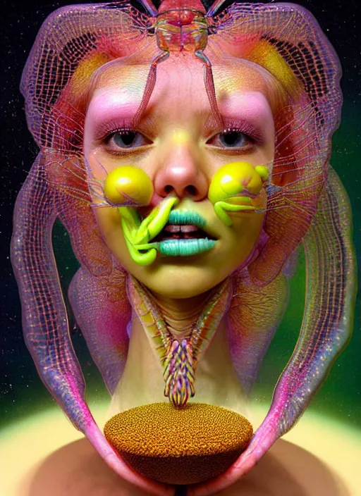 Image similar to hyper detailed 3d render like a Oil painting - kawaii portrait Aurora (gold haired Singer Praying Mantis Dragonfly bug faced) seen Eating of the Strangling network of yellowcake aerochrome and milky Fruit and Her compund eyes delicate Hands hold of gossamer polyp blossoms bring iridescent fungal flowers whose spores black the foolish stars by Jacek Yerka, Mariusz Lewandowski, Houdini algorithmic generative render, Abstract brush strokes, Masterpiece, Edward Hopper and James Gilleard, Zdzislaw Beksinski, Mark Ryden, Wolfgang Lettl, hints of Yayoi Kasuma, octane render, 8k