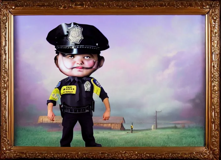 Image similar to a donut dressing a police officer costume, lowbrow, matte painting, 3 - d highly detailed, in the style of mark ryden,