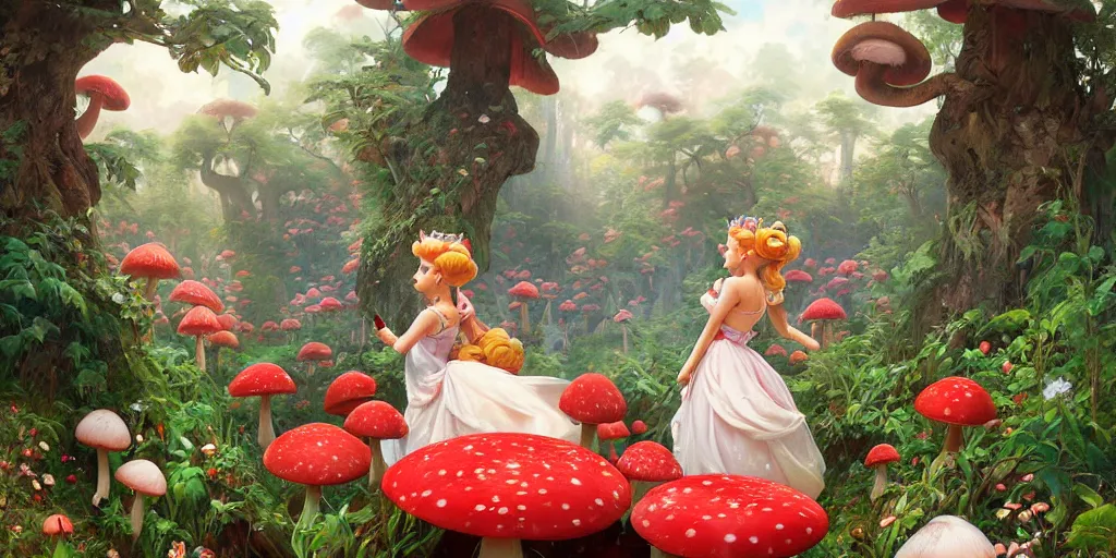 Image similar to princess peach roaming through a landscape, Mushroom Kingdom, Super Mario Theme, giant red and white spotted mushrooms, by Stanley Artgerm Lau , greg rutkowski, thomas kindkade, alphonse mucha, loish, norman Rockwell