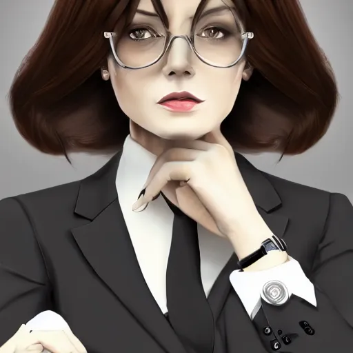 Image similar to woman in black business suit, light brown neat hair, pixiv, fanbox, trending on artstation, portrait, digital art, modern, sleek, highly detailed, formal, serious, determined, lawyer, colorized, smooth, charming, prett