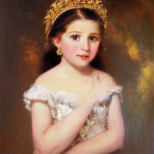 Prompt: An oil painting by Adolf Hirémy-Hirschl. Portrait of a young girl looking at the camera. The girl has a very light skin, long dark hair, wearing a golden tiara and golden jewelries covering her ears. The girl wears a white and golden dress.