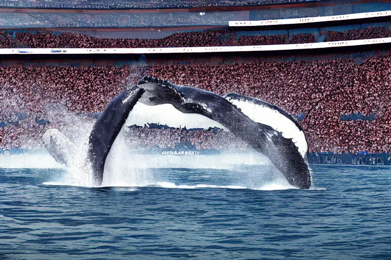 Image similar to a humpback whale flying in the air over an nfl football stadium ultra detailed realistic photograph cinematic lighting