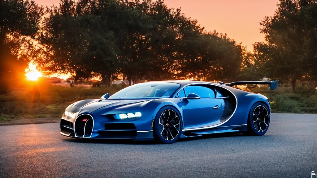 Image similar to synthwave bugatti chiron at sunset, 8 k. filling of the view