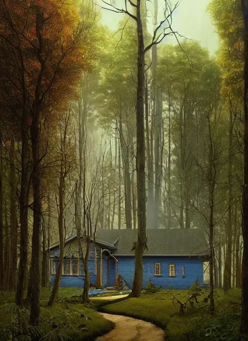 Image similar to hyper realistic witchy modern house with mood lighting and tech in the woods gorgeous lighting, blue sky, highly detailed, lush forest foliage painting by zdzisław beksinski and norman rockwell and greg rutkowski weta studio, and lucasfilm