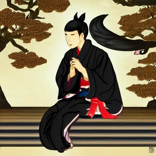 Image similar to a black kitsune boy playing koto in front of a japanese temple, highly detailed, cg style, artstation trending, pixiv trending, Z.W. Gu style, Wlop style