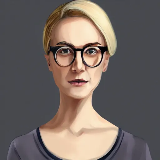 Image similar to a severe middle aged french woman with blonde hair tied in a strict bun, spectacles, lots of makeup, rich, character portrait, digital art, high quality, 8 k, detailed, d & d character,