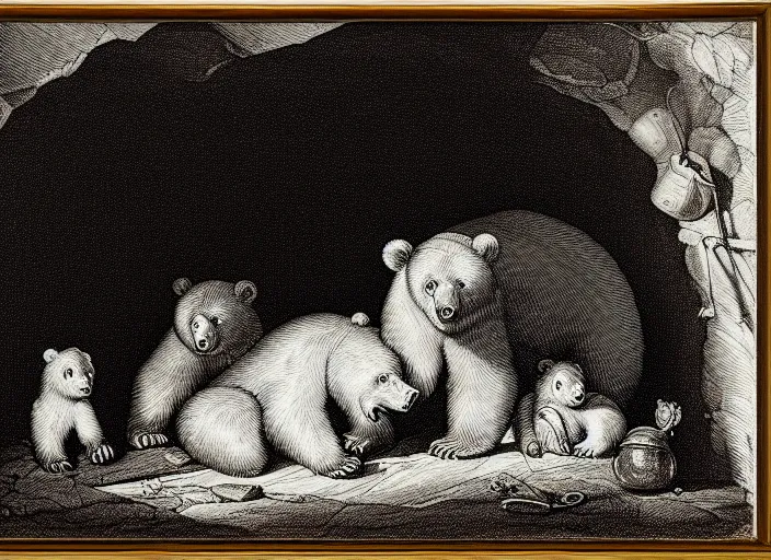 Image similar to Pieter Claesz's 'bear and her cubs sleeping in a dark cave', night time, cross hatching, framed