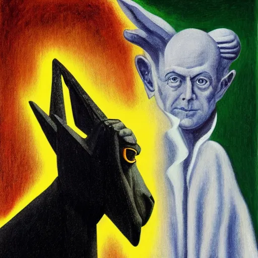 Image similar to Aleister Crowley with baphomet, by Raphael Hopper, and Rene Magritte. Highly detailed, Occult funny, humorous, funny, enchanting, magical, trending on artstationHQ