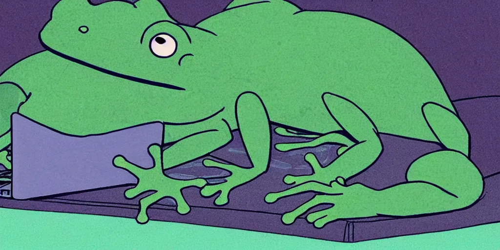 Prompt: peepo the frog lying on his bed with a laptop, crying as his heart breaks after reading an announcement on discord, sad lo-fi vibes, dramatic