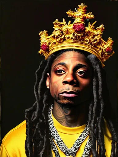 Image similar to lil wayne, wearing a crown : : painted by kehinde wiley : : baroque, hyperreal, digital painting