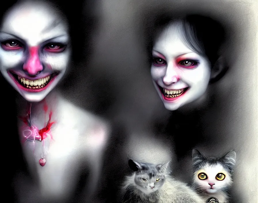 Image similar to portrait of the secretive vampire woman biker loner smiling at her cat, by yoshitaka amano, casey baugh, steve caldwell, gottfried helnwein, yasunari ikenaga, nico tanigawa, and artgerm rendered with 3 d effect.