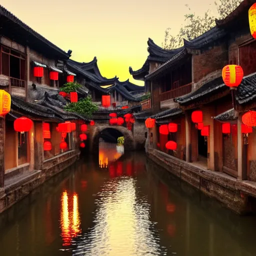 Prompt: beautiful and peaceful ancient water town in the south of china, zhouzhuang ancient town, movie style, warm color to move, boats, evening lanterns, the glow of the sunset on the water, lanterns in the sky at night, highly detailed, 4 k