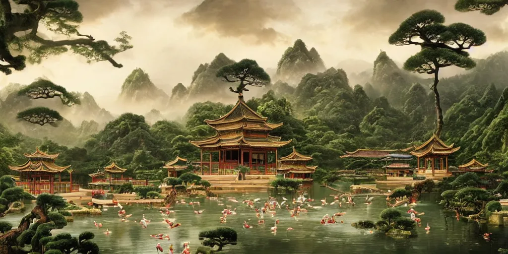 Image similar to it is a paradise with ancient chinese characteristics. it has a high degree of fantasy. there are pavilions in the air, koi jumping in the air, and fairy birds and animals such as cranes and deer coexist with people. it is the life scene of the ancient people, a detailed matte painting by christophe vacher and albert bierstadt