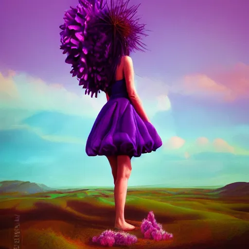 Prompt: portrait, giant purple dahlia flower head, woman in oasis, surreal photography, sunrise, blue sky, dramatic light, impressionist painting, digital painting, artstation, simon stalenhag