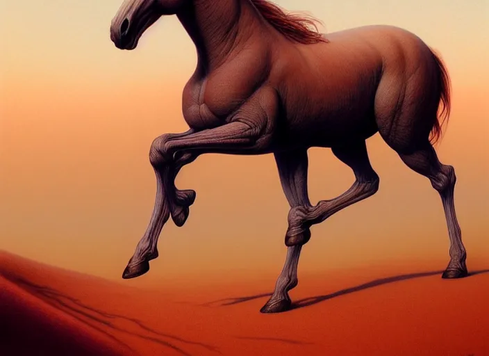 Image similar to horse standing in desert, intricate, elegant, highly detailed animal, digital painting, artstation, concept art, smooth, sharp focus, illustration, art by artgerm, bob eggleton, michael whelan, stephen hickman, richard corben, wayne barlowe, trending on artstation and greg rutkowski and alphonse mucha, 8 k