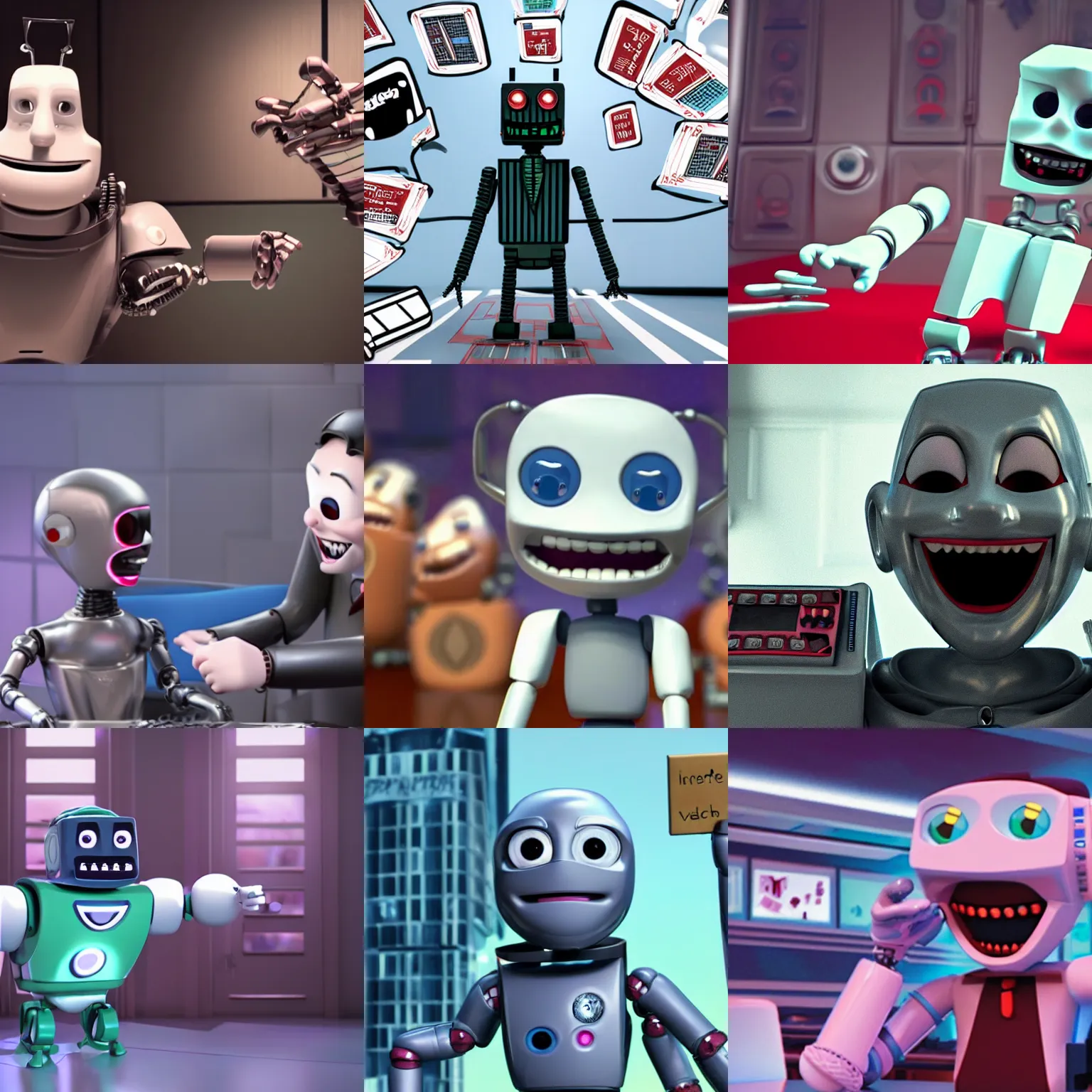 Prompt: < movie type = 3 d - animation reviews ='5 stars'> rich robot laughs maniacally as he calculates his wealth < / movie >