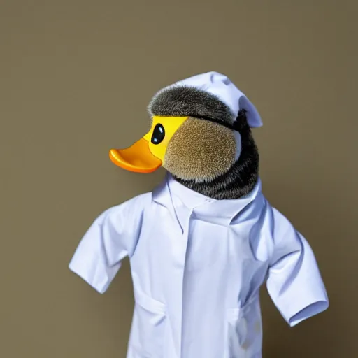 Prompt: a duck wearing a labcoat