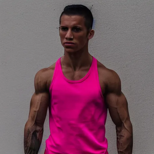 Prompt: high - quality photo of a muscular, androgynous woman wearing a pink tank top