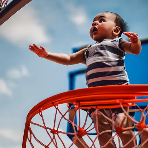 Image similar to a baby dunking a basketball, dramatic action photography, 8k