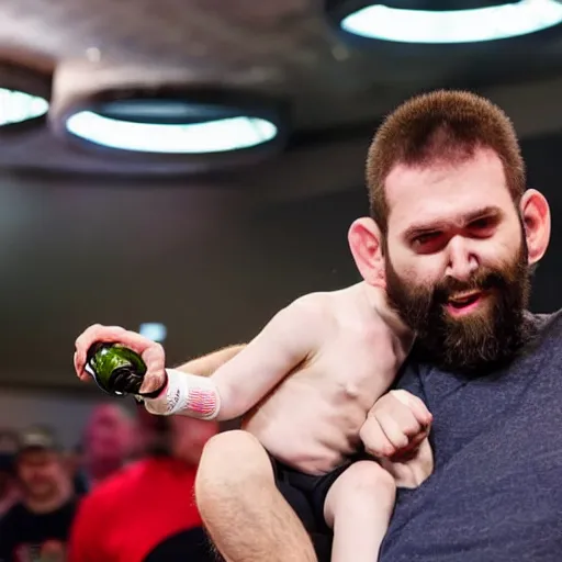 Prompt: ESPN photo of Tall male Wrestler with stubble drinking a bottle of wine, while holding a small child in a choke hold