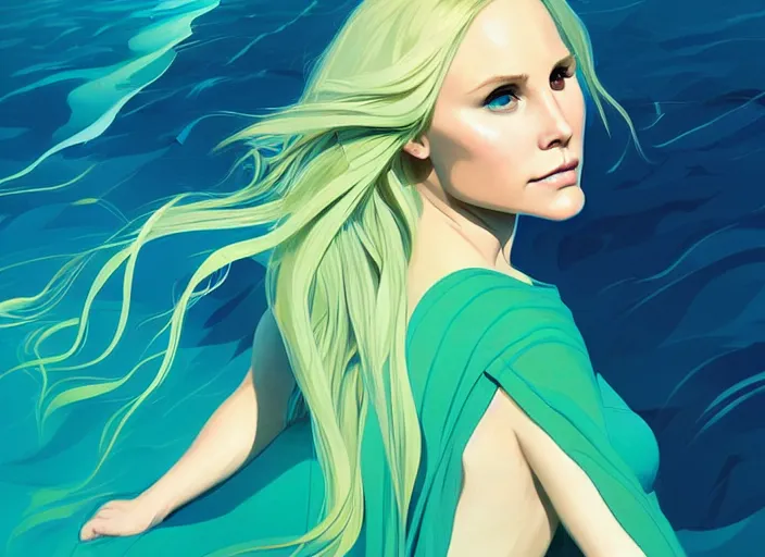 Image similar to style artgerm, joshua middleton, beautiful kristen bell with green dress, very long blue hair, symmetrical face, symmetrical eyes, water powers water swirling, detailed, beach setting, cinematic lighting