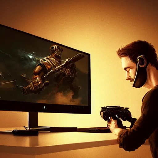 Prompt: realistic man using pc in gaming room, artstation trends, sci fi concept art, highly detailed, intricate, sharp focus, digital art, 8 k