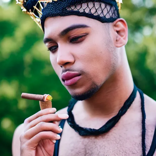 Prompt: A full shot portrait of a young man in a Netted Fishnet Mesh Tanktop wearing a golden diamond crown smoking a cigar on a sunny day in the park, 35mm, 4K, studio lighting