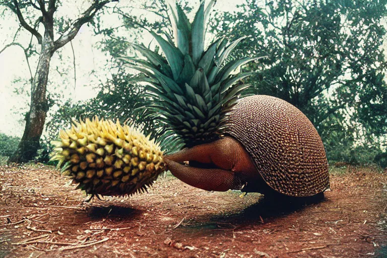Prompt: a photo of a giant mutant pineapple armadillo in its natural habitat, kodak ektachrome e 1 0 0 photography