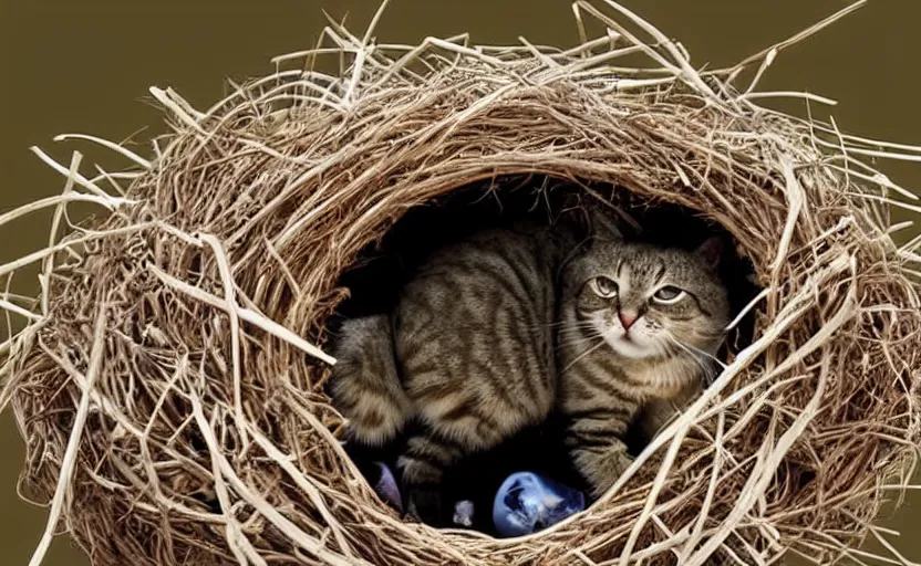 Prompt: david attenborough explaining the life of cats, showing off a small cat in a big birds nest, shorthair cat, eggs. national geographic, strange, photorealistic